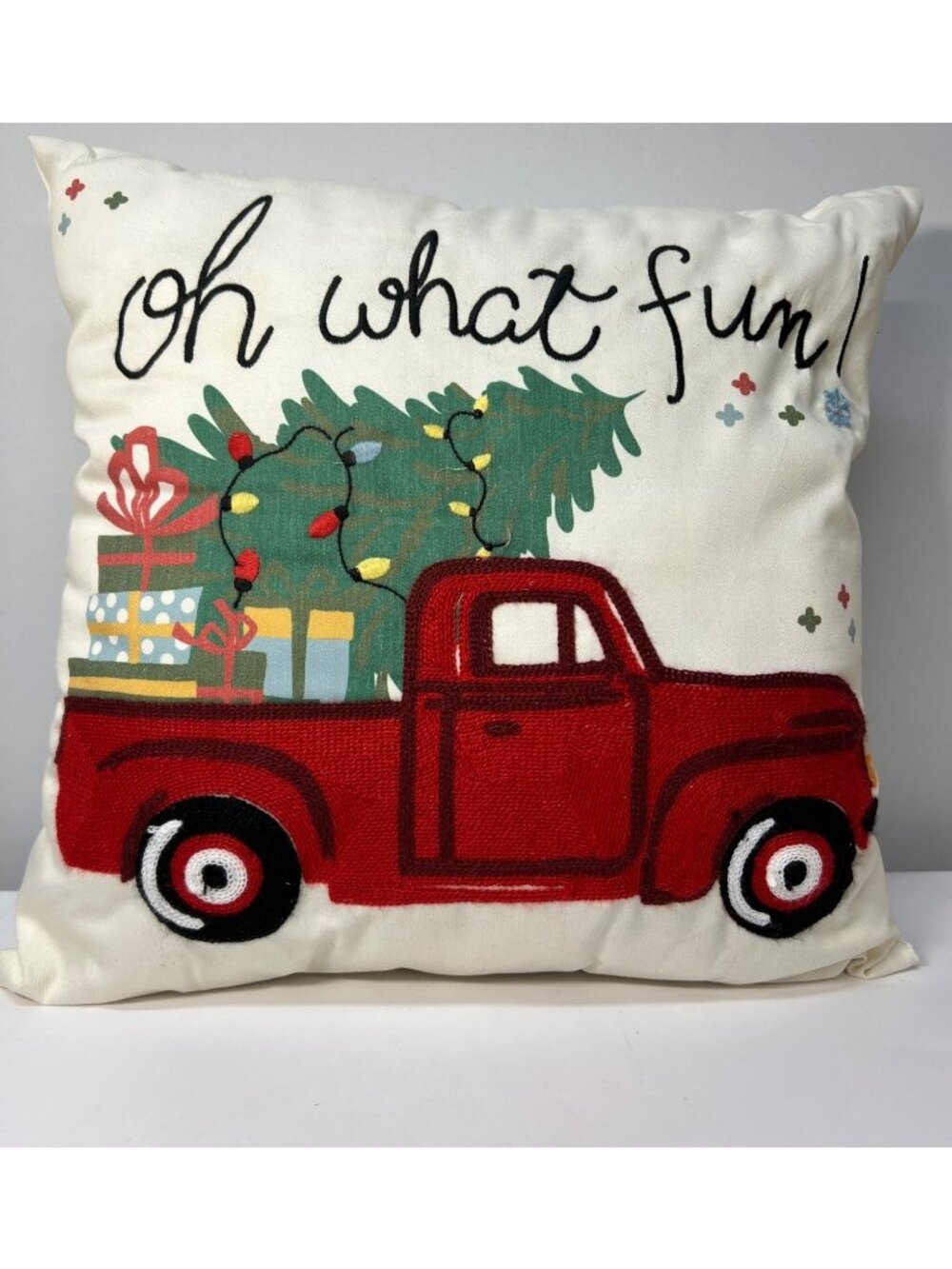 Christmas Pillow With Red Truck & Holiday Gifts 17'' x 17" Embroidered